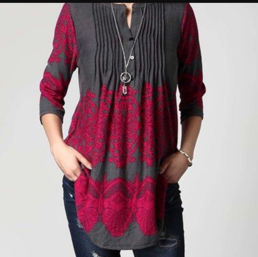 Charcoal lace print Notch neck pin-tuck tunic